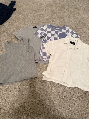Little Bipsy White Button-Up Shirt with Gray Tank & Blue-White Check Tee